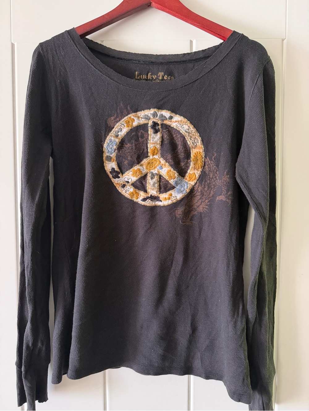 Lucky Brand Black Long-Sleeve Top with Gold and Blue Peace Sign